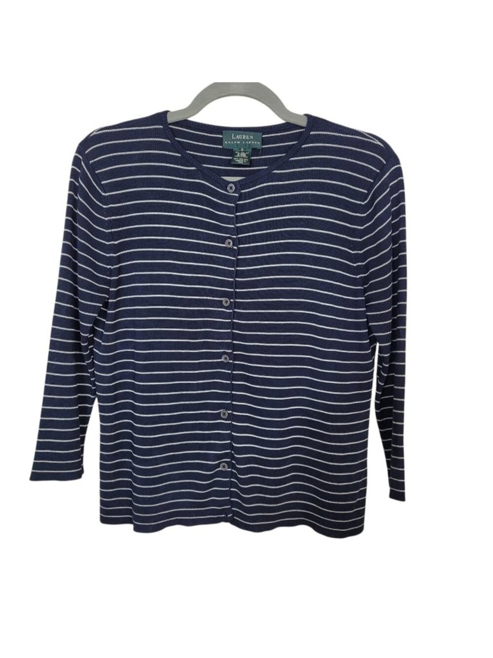 Lauren Ralph Lauren 100% Spun Silk Knit Button Up Cardigan Sweater Navy White Sm